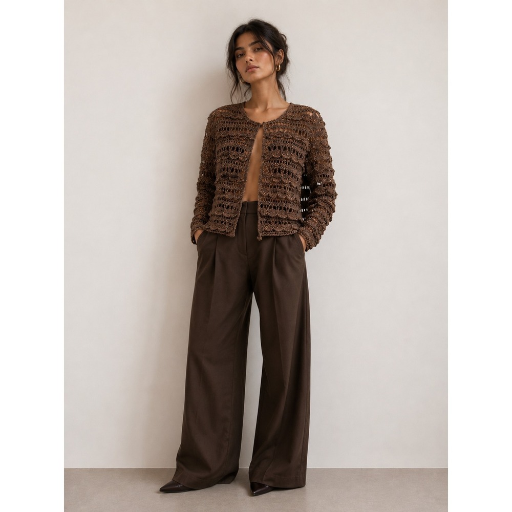 Topshop Women's Metallic Open Knit Crochet Cardigan Sweater Bronze Copper S - Picture 1 of 13